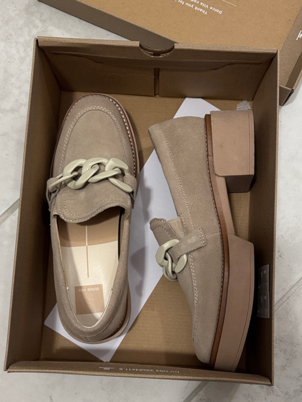 Dolce Vita Taupe Suede Loafers with Cream Chain Accent